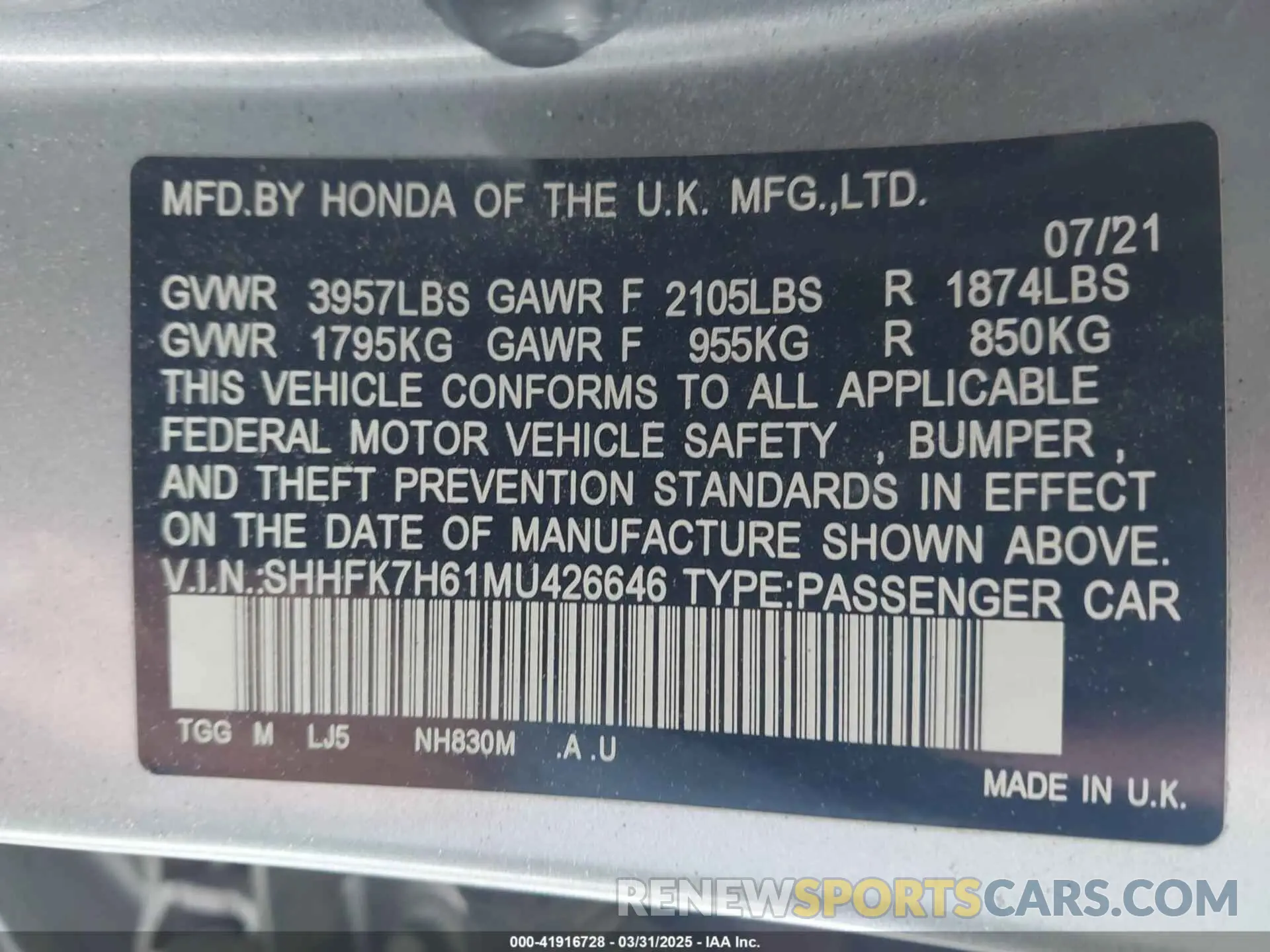 9 Photograph of a damaged car SHHFK7H61MU426646 HONDA CIVIC 2021