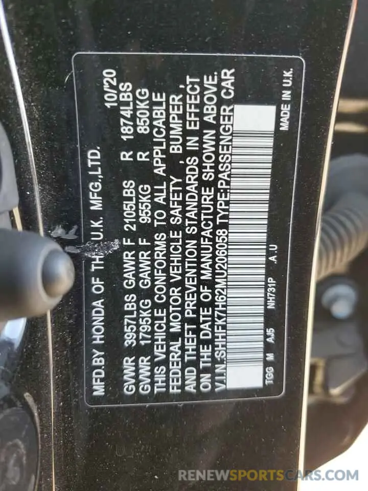 12 Photograph of a damaged car SHHFK7H62MU206058 HONDA CIVIC 2021