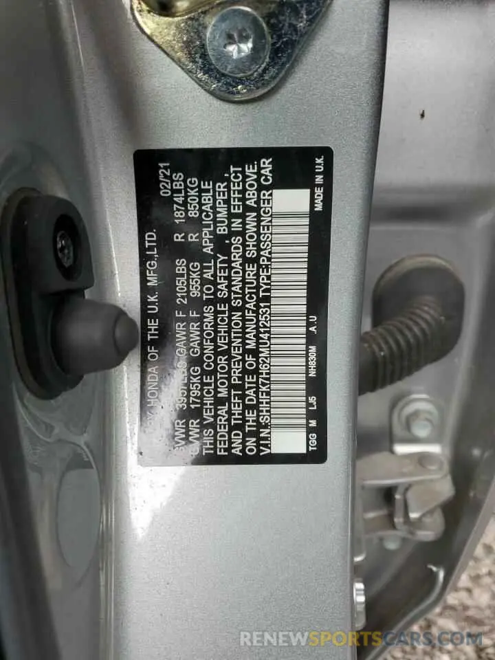 14 Photograph of a damaged car SHHFK7H62MU412531 HONDA CIVIC 2021