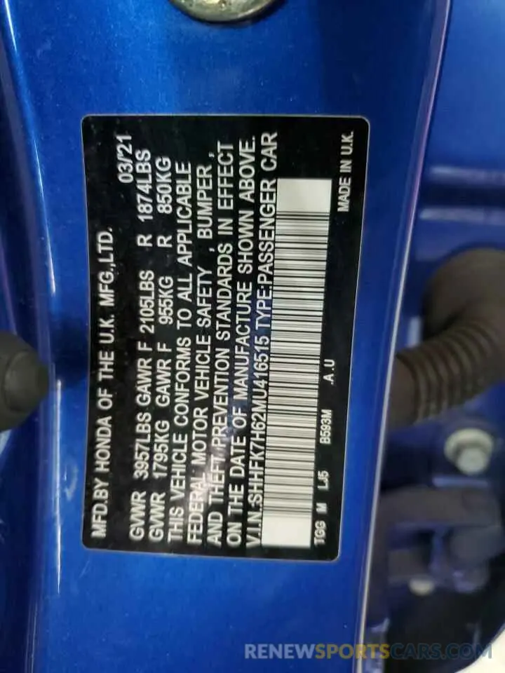 13 Photograph of a damaged car SHHFK7H62MU416515 HONDA CIVIC 2021