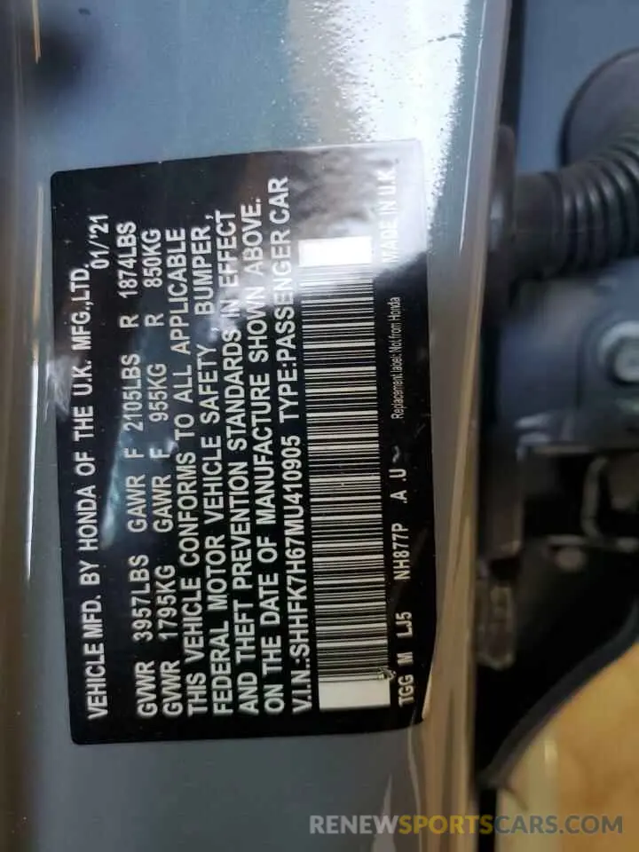 13 Photograph of a damaged car SHHFK7H67MU410905 HONDA CIVIC 2021