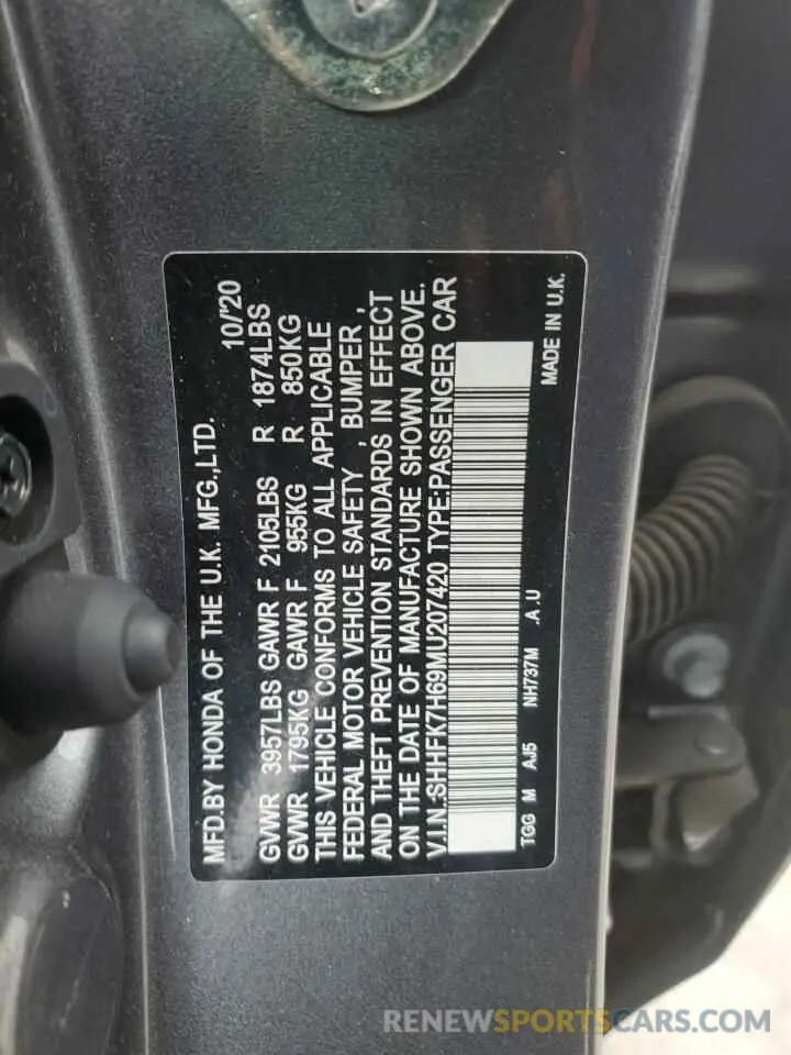 12 Photograph of a damaged car SHHFK7H69MU207420 HONDA CIVIC 2021
