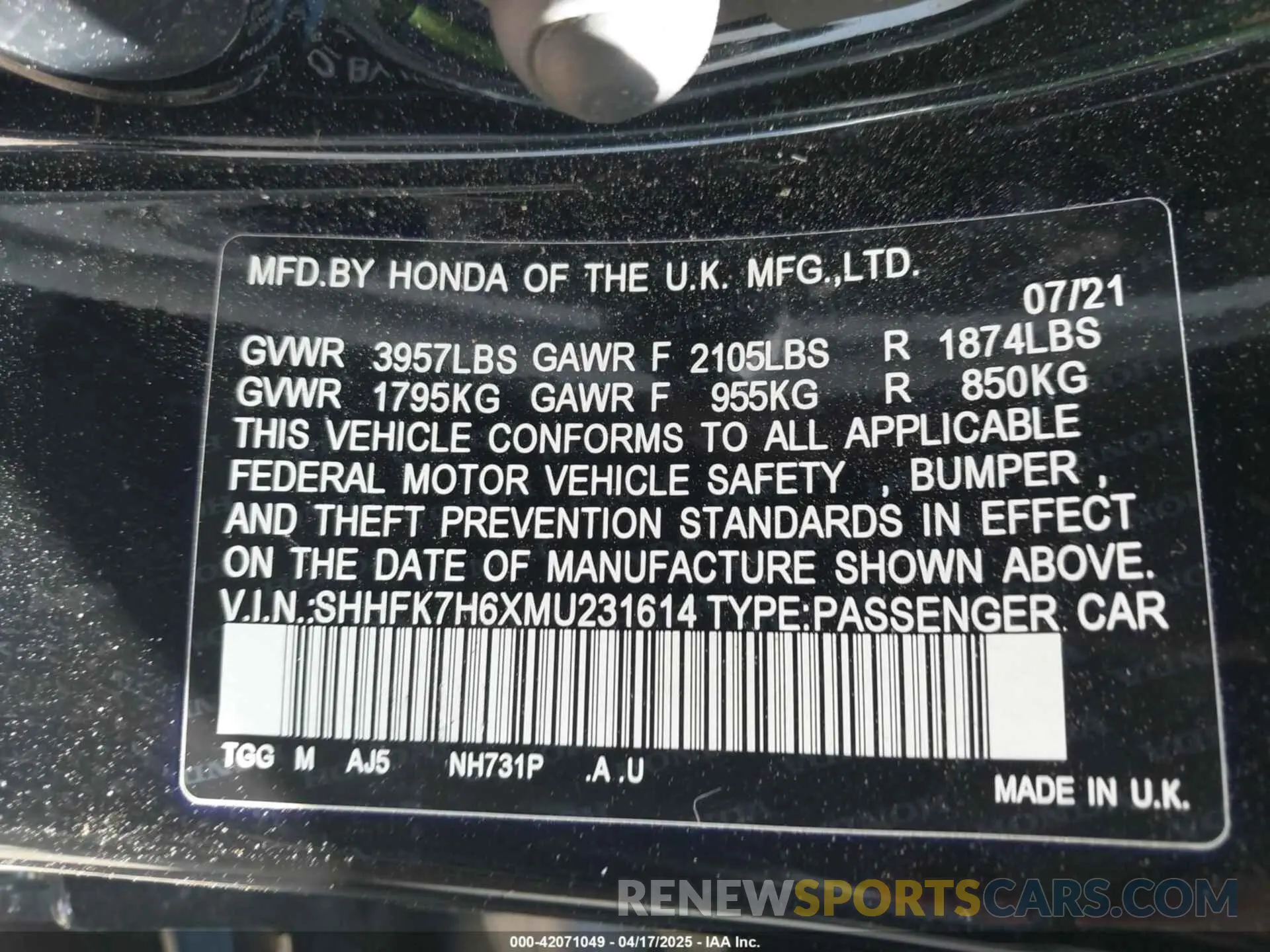 9 Photograph of a damaged car SHHFK7H6XMU231614 HONDA CIVIC 2021
