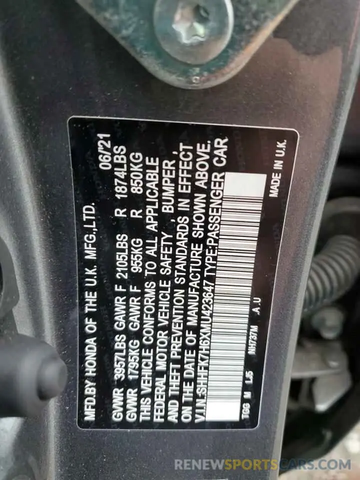 12 Photograph of a damaged car SHHFK7H6XMU423647 HONDA CIVIC 2021