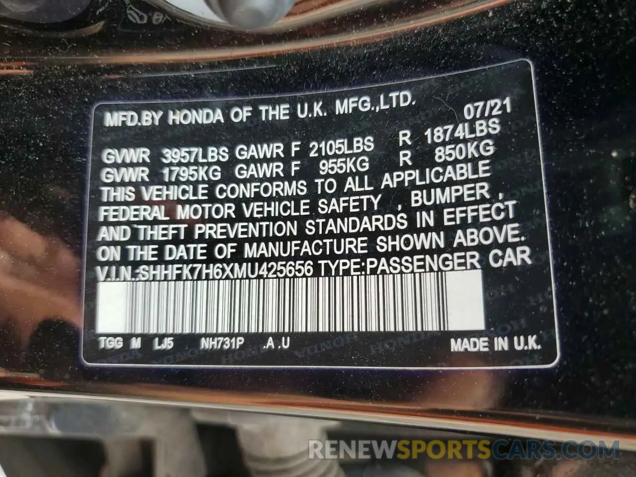 12 Photograph of a damaged car SHHFK7H6XMU425656 HONDA CIVIC 2021