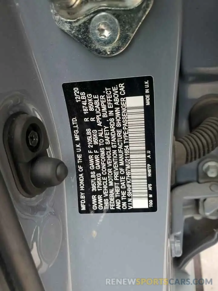 12 Photograph of a damaged car SHHFK7H97MU211654 HONDA CIVIC 2021