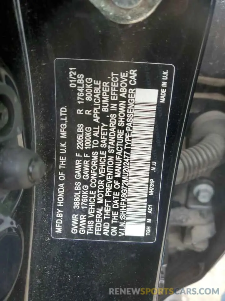 12 Photograph of a damaged car SHHFK8G72MU202477 HONDA CIVIC 2021