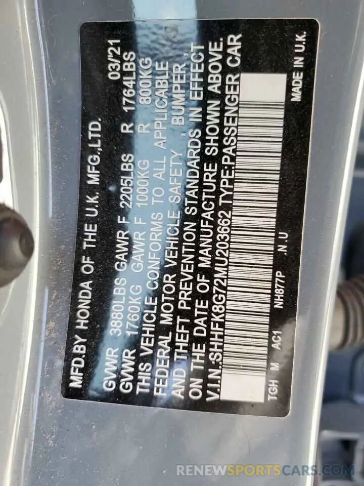 12 Photograph of a damaged car SHHFK8G72MU203662 HONDA CIVIC 2021