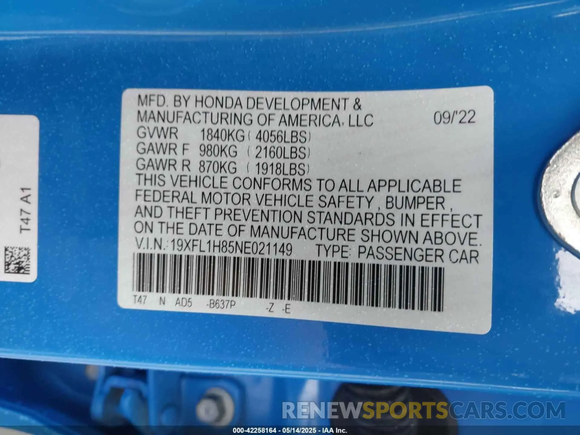 9 Photograph of a damaged car 19XFL1H85NE021149 HONDA CIVIC 2022