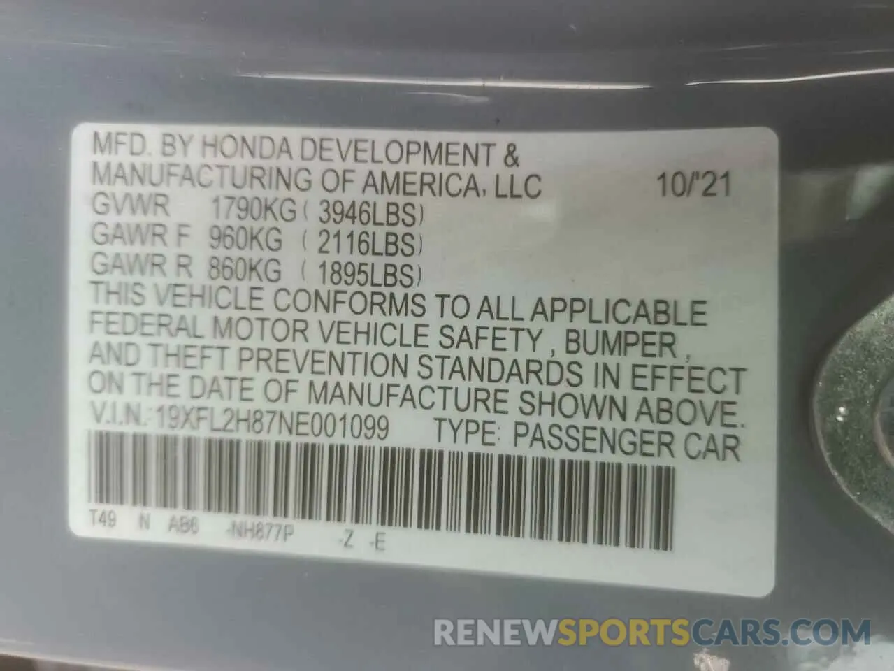 14 Photograph of a damaged car 19XFL2H87NE001099 HONDA CIVIC 2022