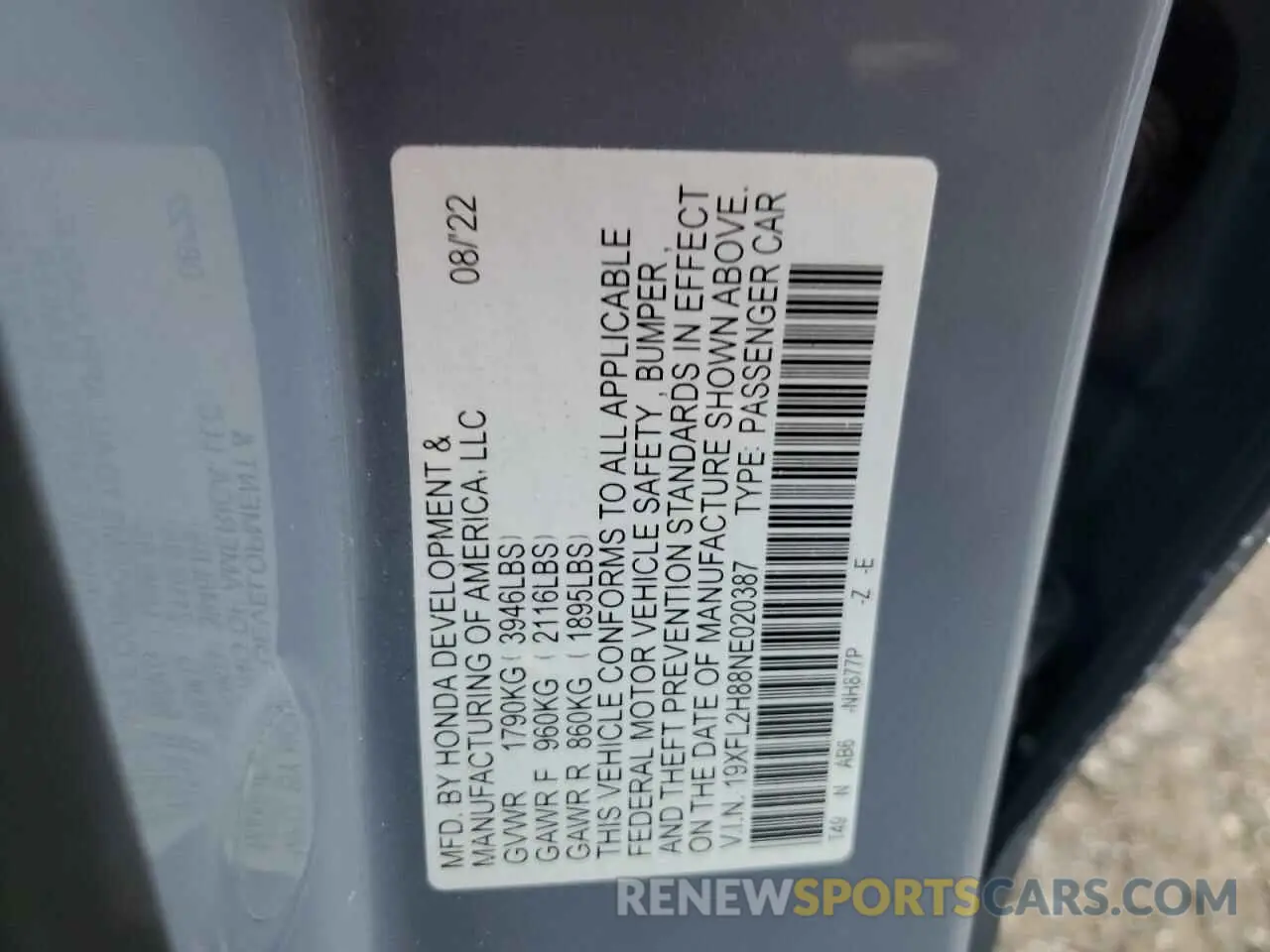 12 Photograph of a damaged car 19XFL2H88NE020387 HONDA CIVIC 2022