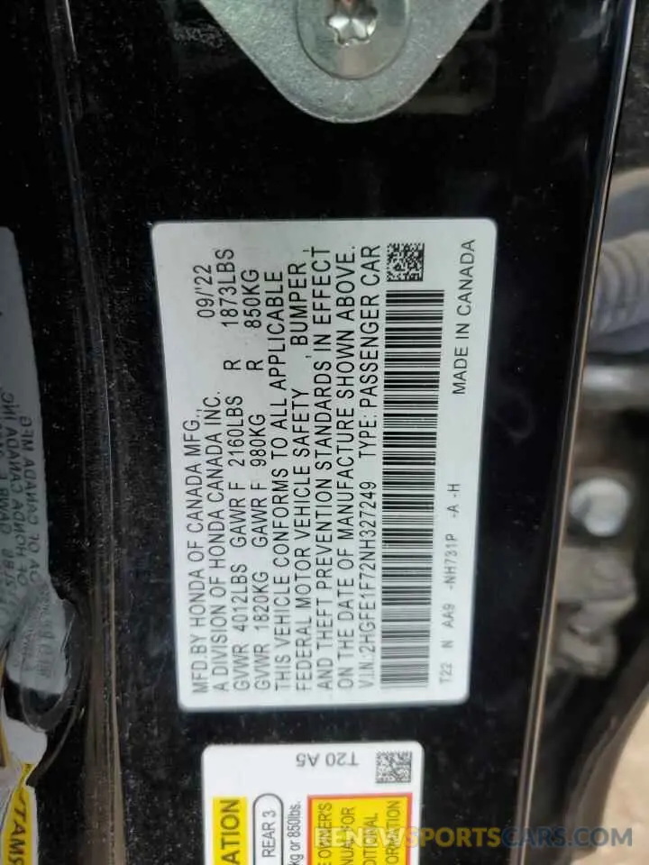 13 Photograph of a damaged car 2HGFE1F72NH327249 HONDA CIVIC 2022