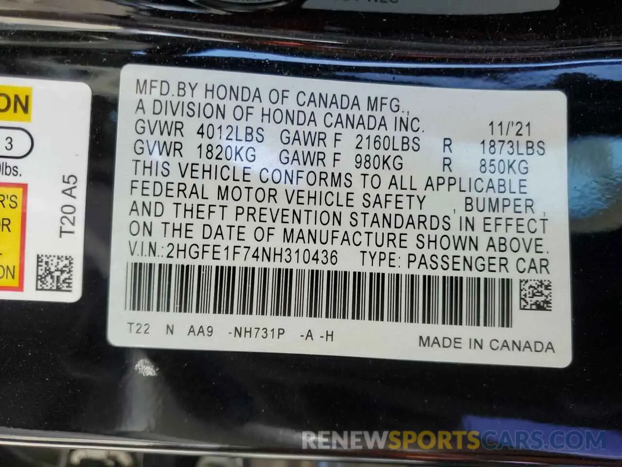 14 Photograph of a damaged car 2HGFE1F74NH310436 HONDA CIVIC 2022