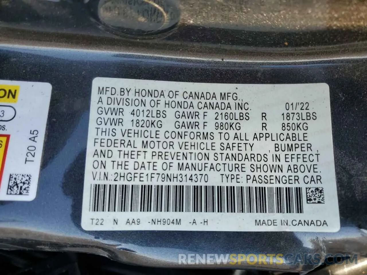 12 Photograph of a damaged car 2HGFE1F79NH314370 HONDA CIVIC 2022
