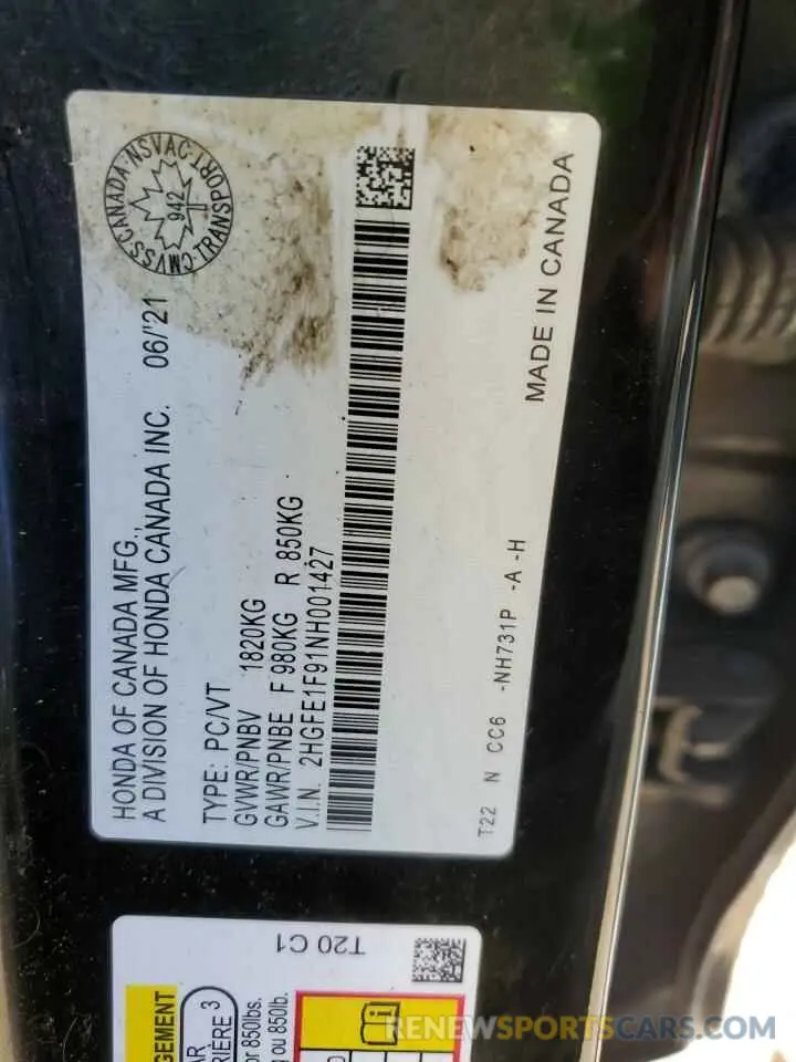 12 Photograph of a damaged car 2HGFE1F91NH001427 HONDA CIVIC 2022