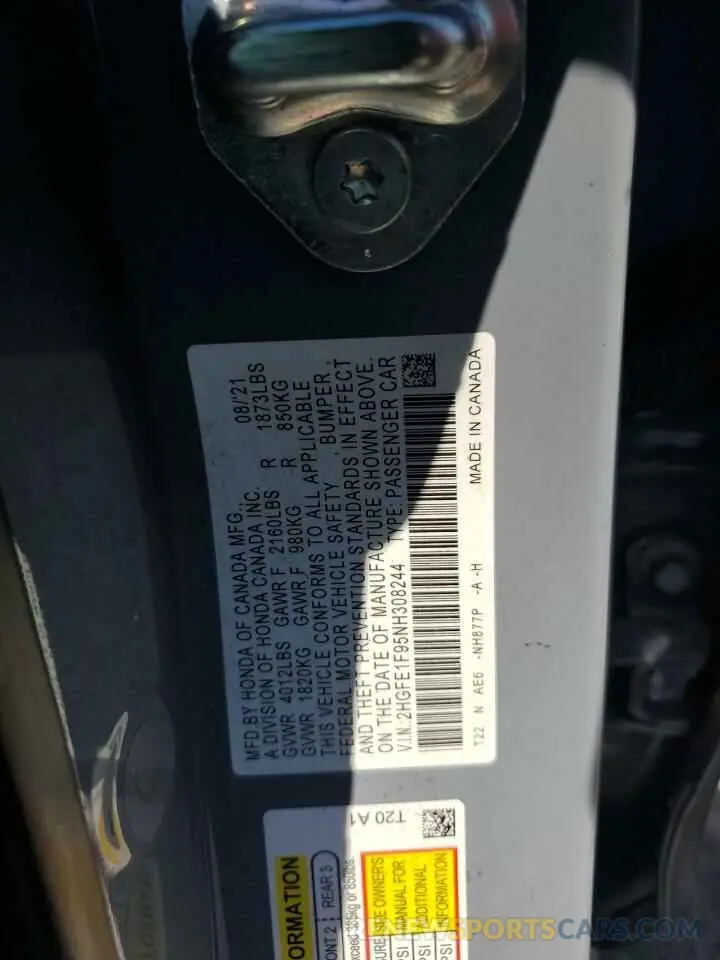 12 Photograph of a damaged car 2HGFE1F95NH308244 HONDA CIVIC 2022