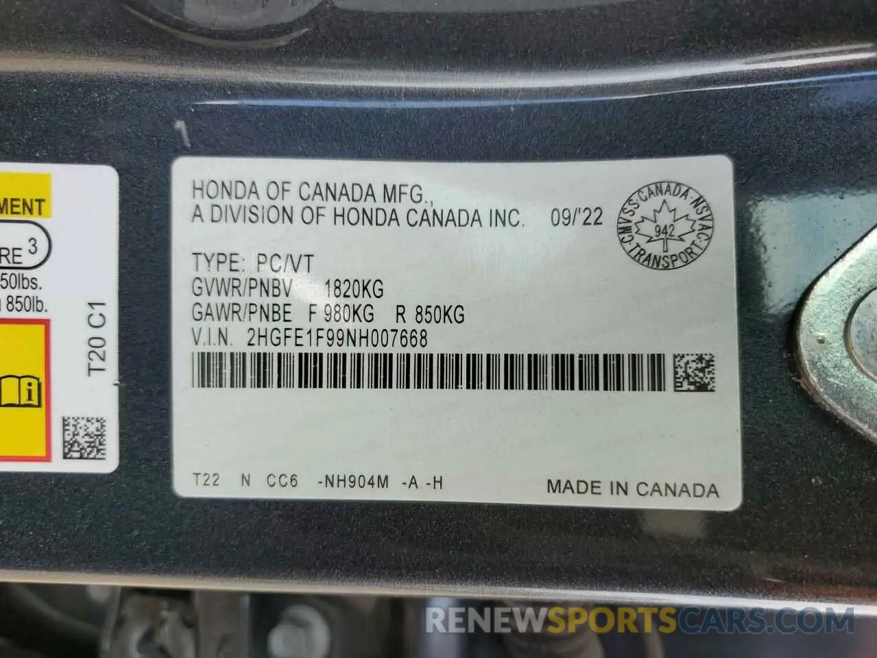 13 Photograph of a damaged car 2HGFE1F99NH007668 HONDA CIVIC 2022