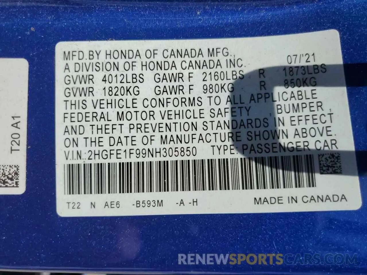 13 Photograph of a damaged car 2HGFE1F99NH305850 HONDA CIVIC 2022