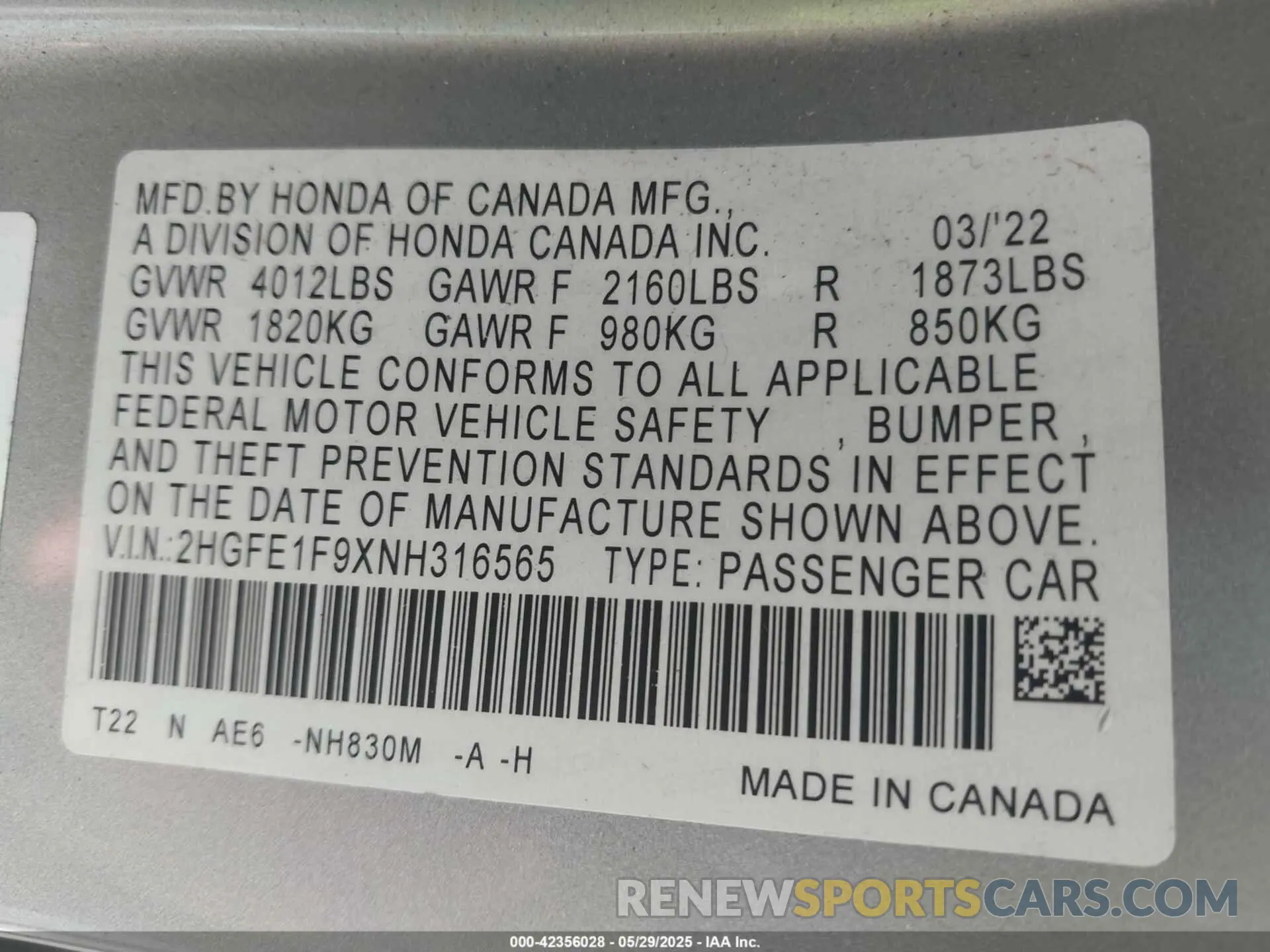 9 Photograph of a damaged car 2HGFE1F9XNH316565 HONDA CIVIC 2022