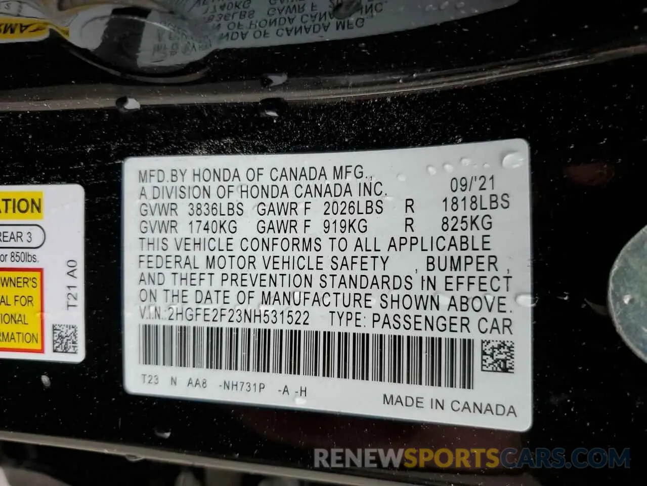 12 Photograph of a damaged car 2HGFE2F23NH531522 HONDA CIVIC 2022