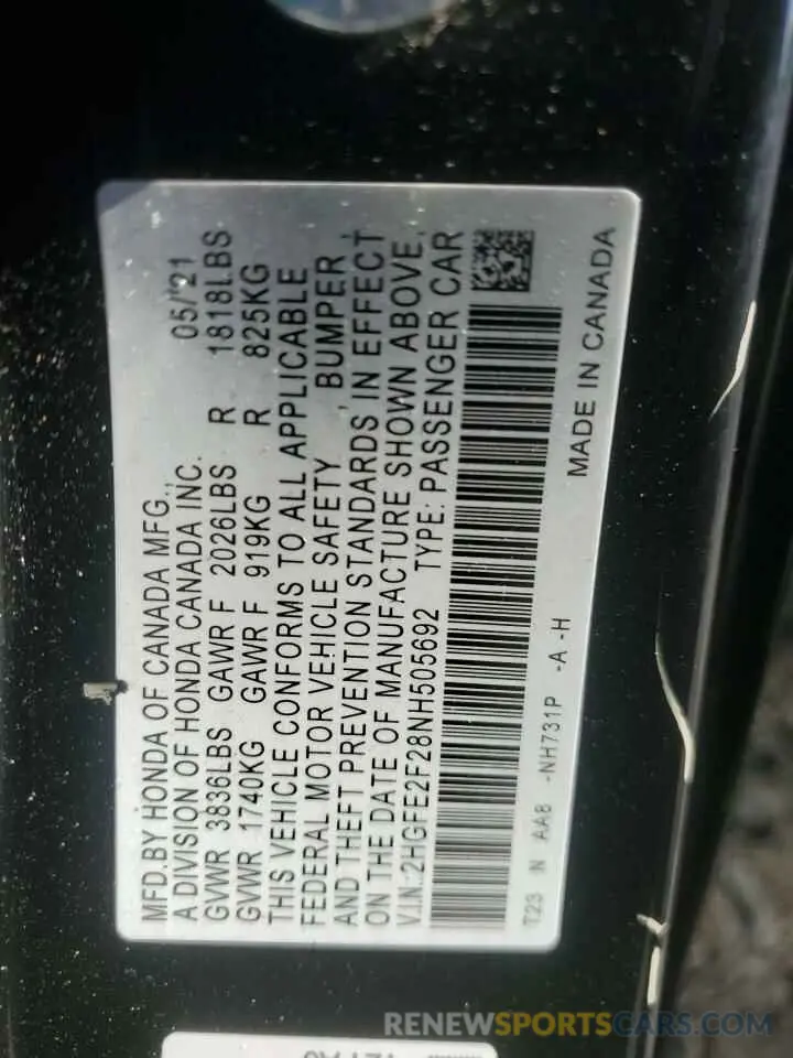 12 Photograph of a damaged car 2HGFE2F28NH505692 HONDA CIVIC 2022