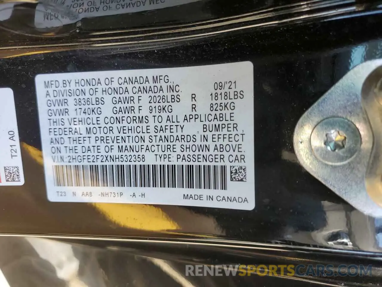 14 Photograph of a damaged car 2HGFE2F2XNH532358 HONDA CIVIC 2022