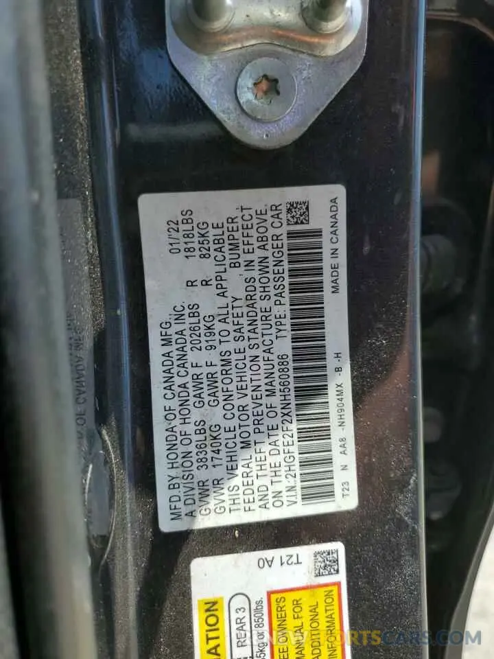 13 Photograph of a damaged car 2HGFE2F2XNH560886 HONDA CIVIC 2022