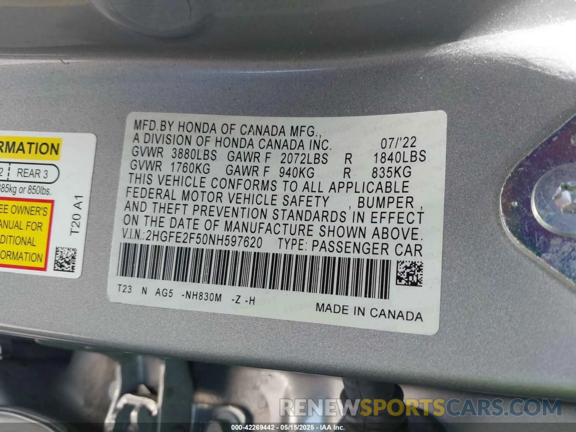9 Photograph of a damaged car 2HGFE2F50NH597620 HONDA CIVIC 2022