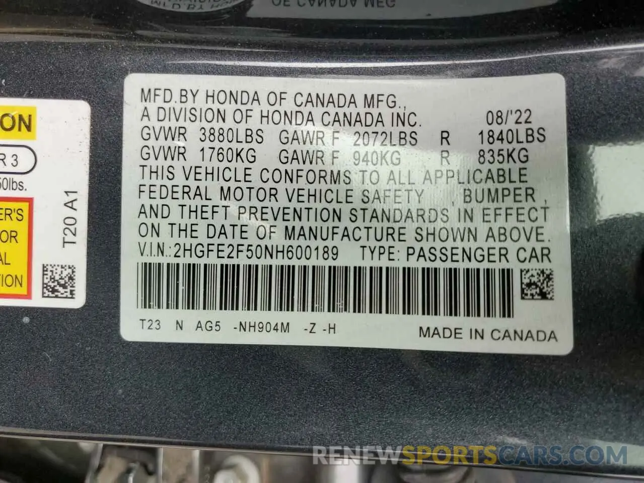 13 Photograph of a damaged car 2HGFE2F50NH600189 HONDA CIVIC 2022