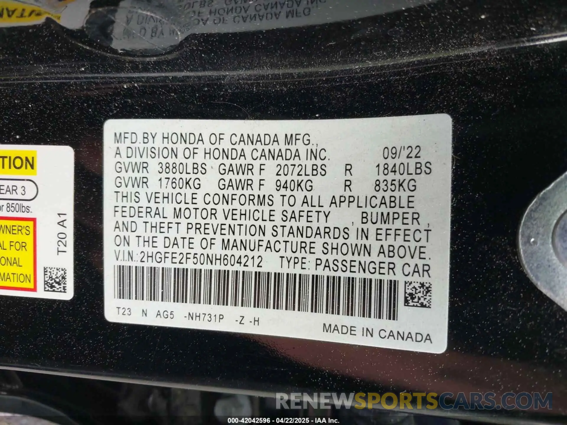 9 Photograph of a damaged car 2HGFE2F50NH604212 HONDA CIVIC 2022