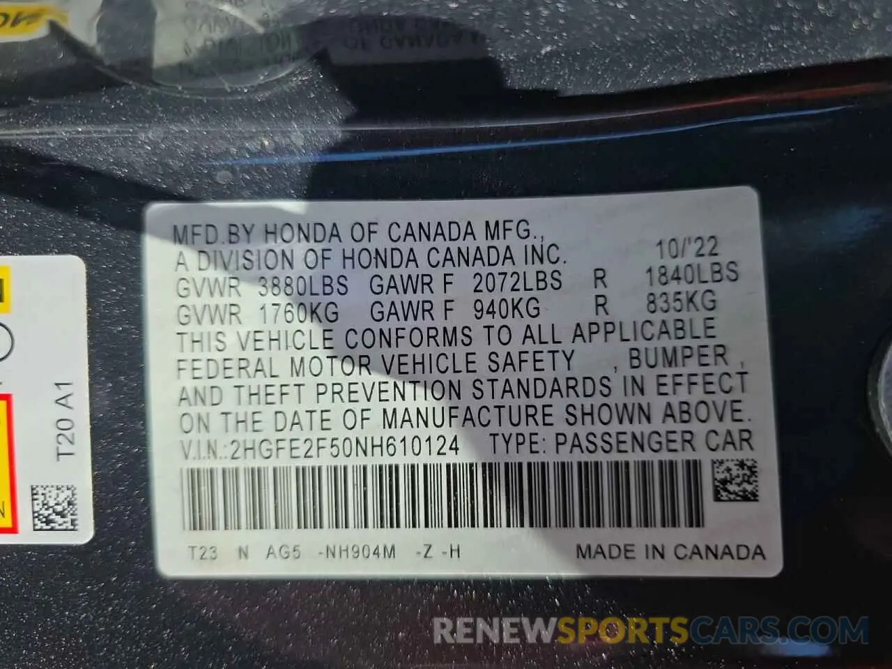 10 Photograph of a damaged car 2HGFE2F50NH610124 HONDA CIVIC 2022