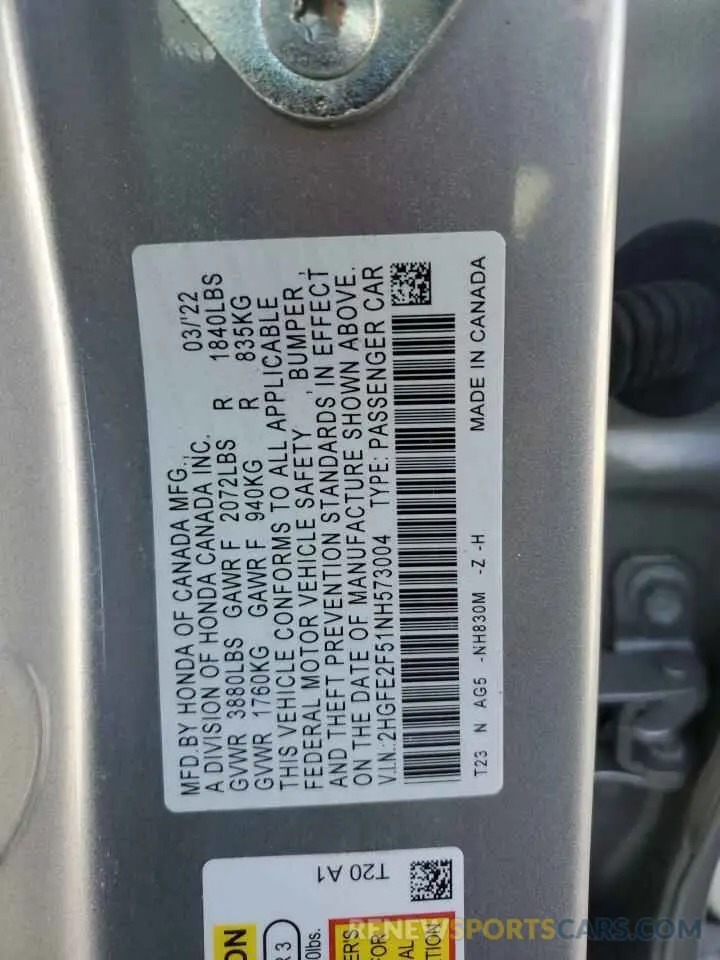 12 Photograph of a damaged car 2HGFE2F51NH573004 HONDA CIVIC 2022