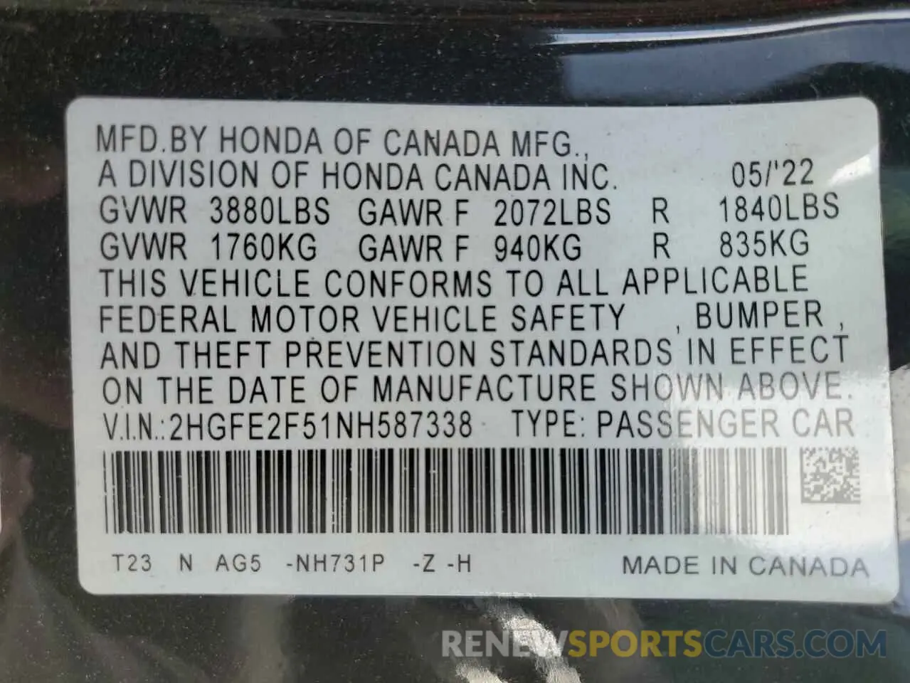 13 Photograph of a damaged car 2HGFE2F51NH587338 HONDA CIVIC 2022