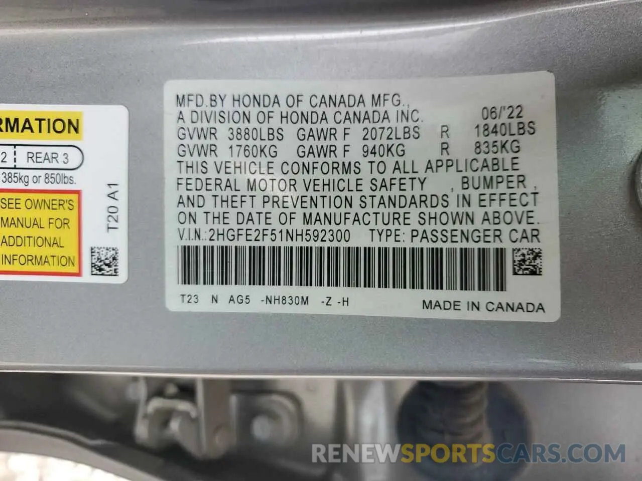 12 Photograph of a damaged car 2HGFE2F51NH592300 HONDA CIVIC 2022