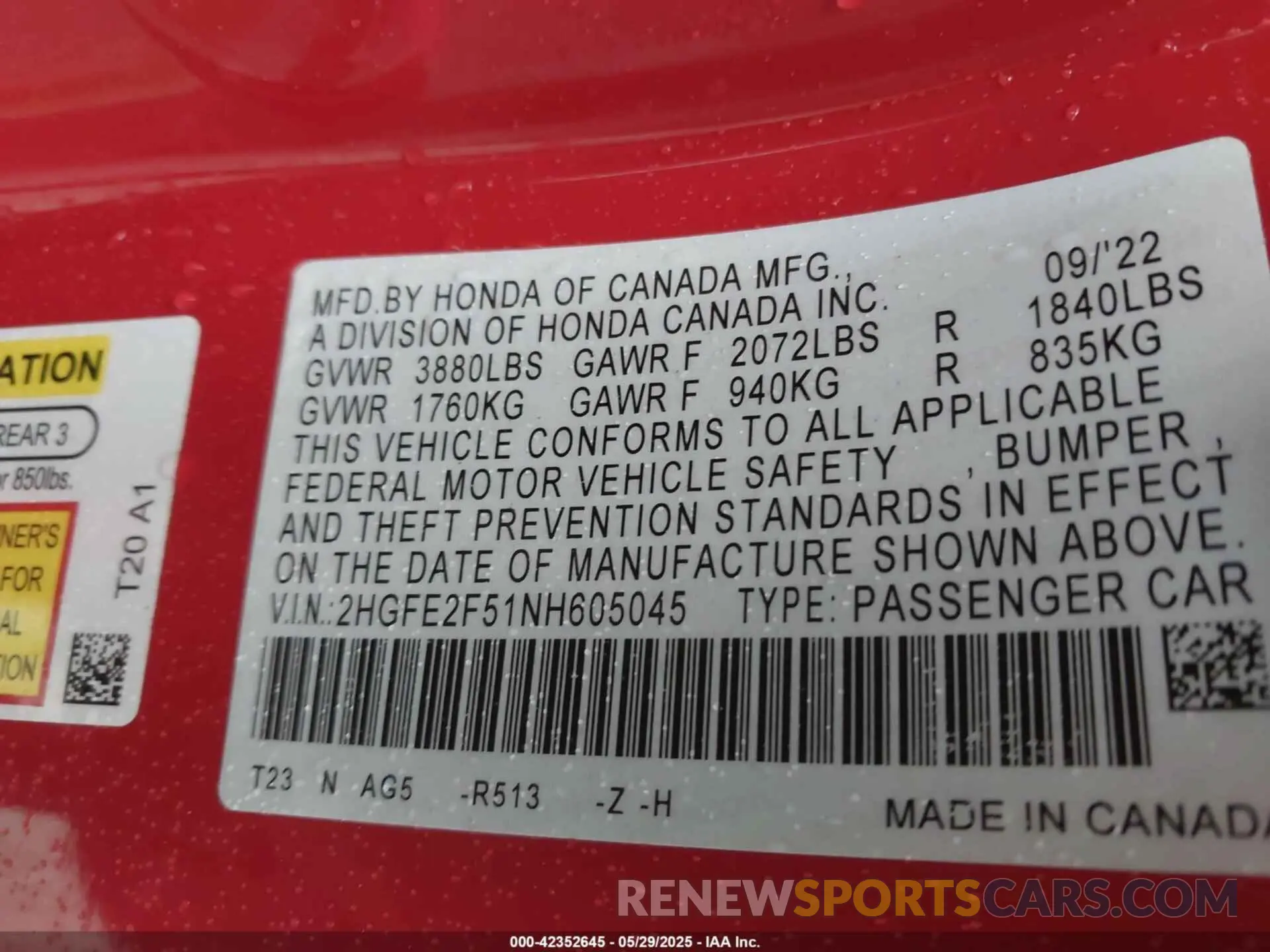 9 Photograph of a damaged car 2HGFE2F51NH605045 HONDA CIVIC 2022