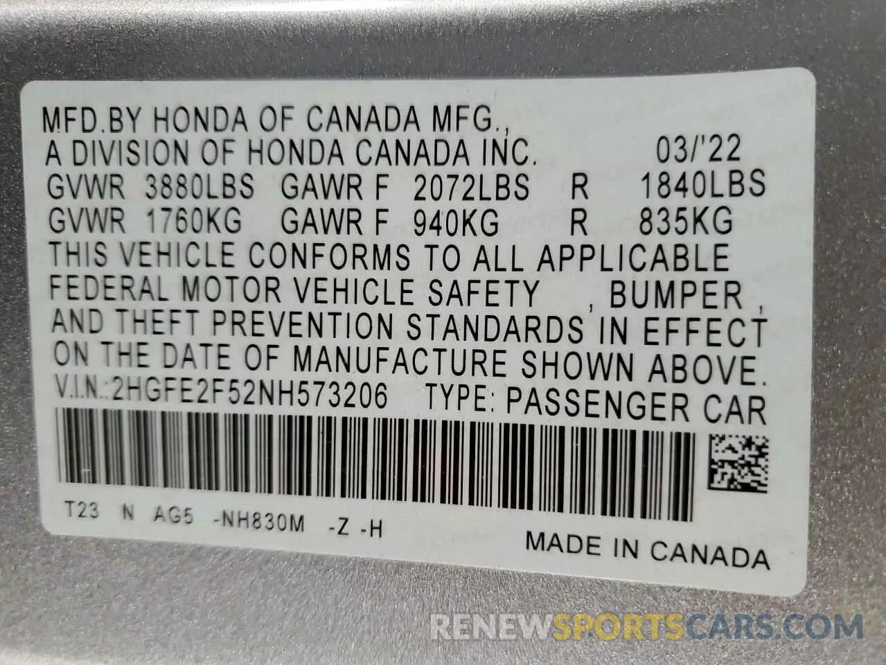14 Photograph of a damaged car 2HGFE2F52NH573206 HONDA CIVIC 2022