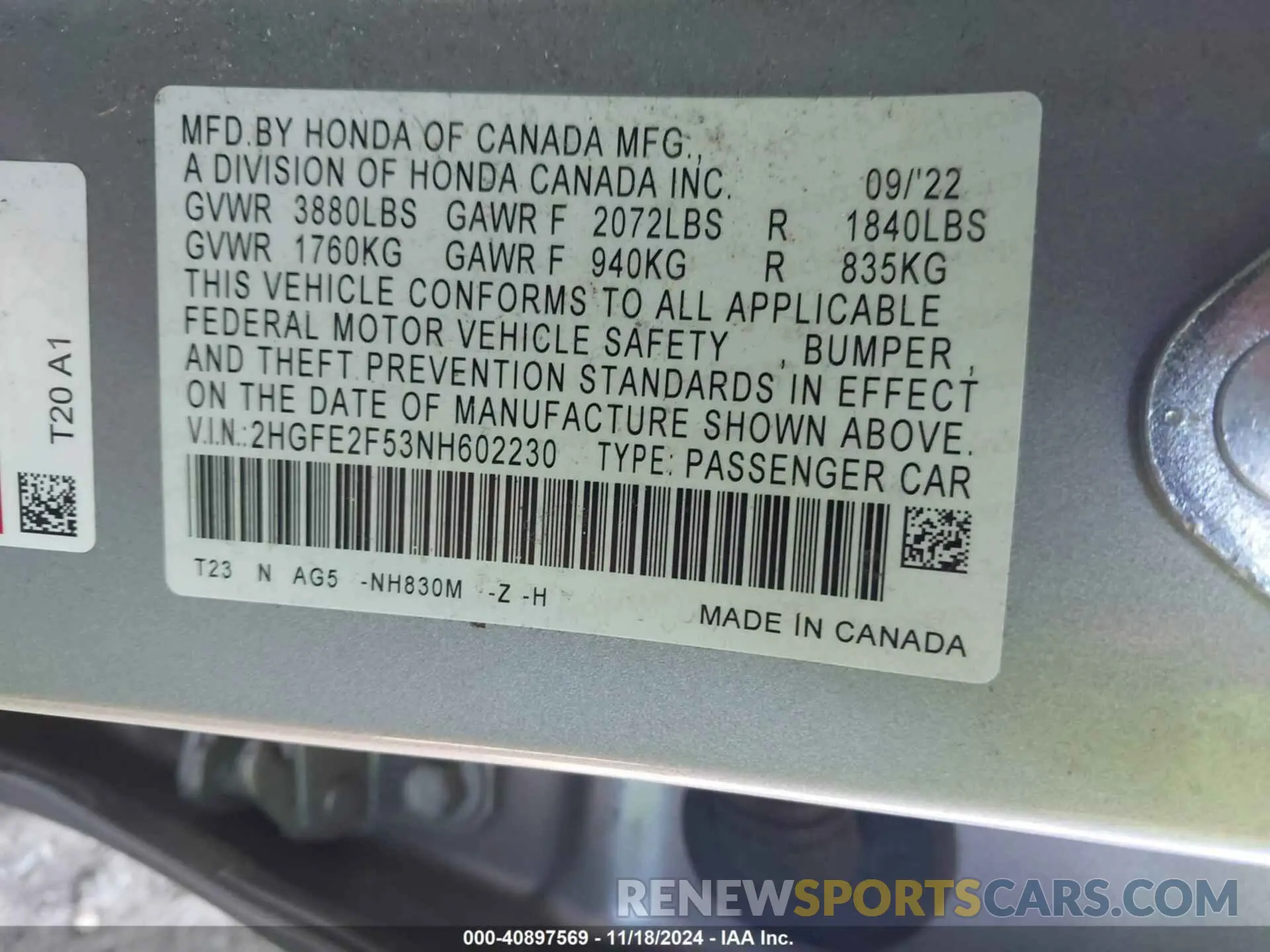 9 Photograph of a damaged car 2HGFE2F53NH602230 HONDA CIVIC 2022