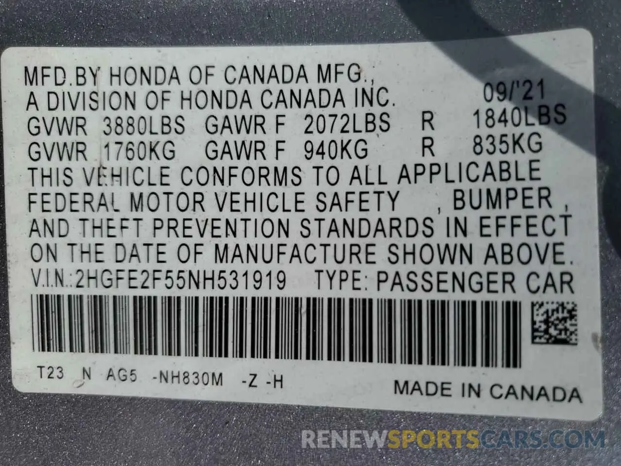 13 Photograph of a damaged car 2HGFE2F55NH531919 HONDA CIVIC 2022