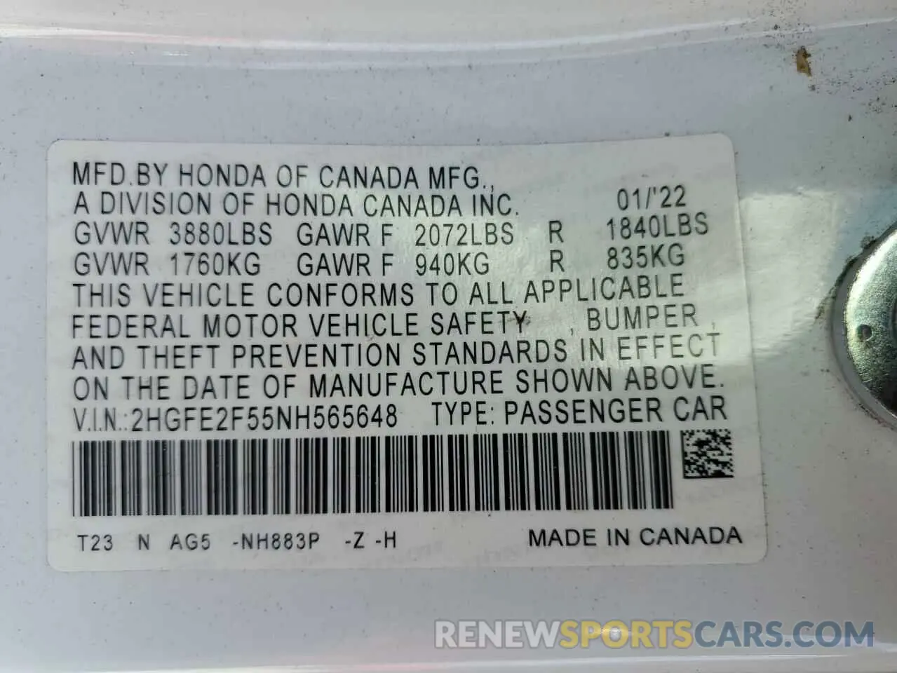 14 Photograph of a damaged car 2HGFE2F55NH565648 HONDA CIVIC 2022