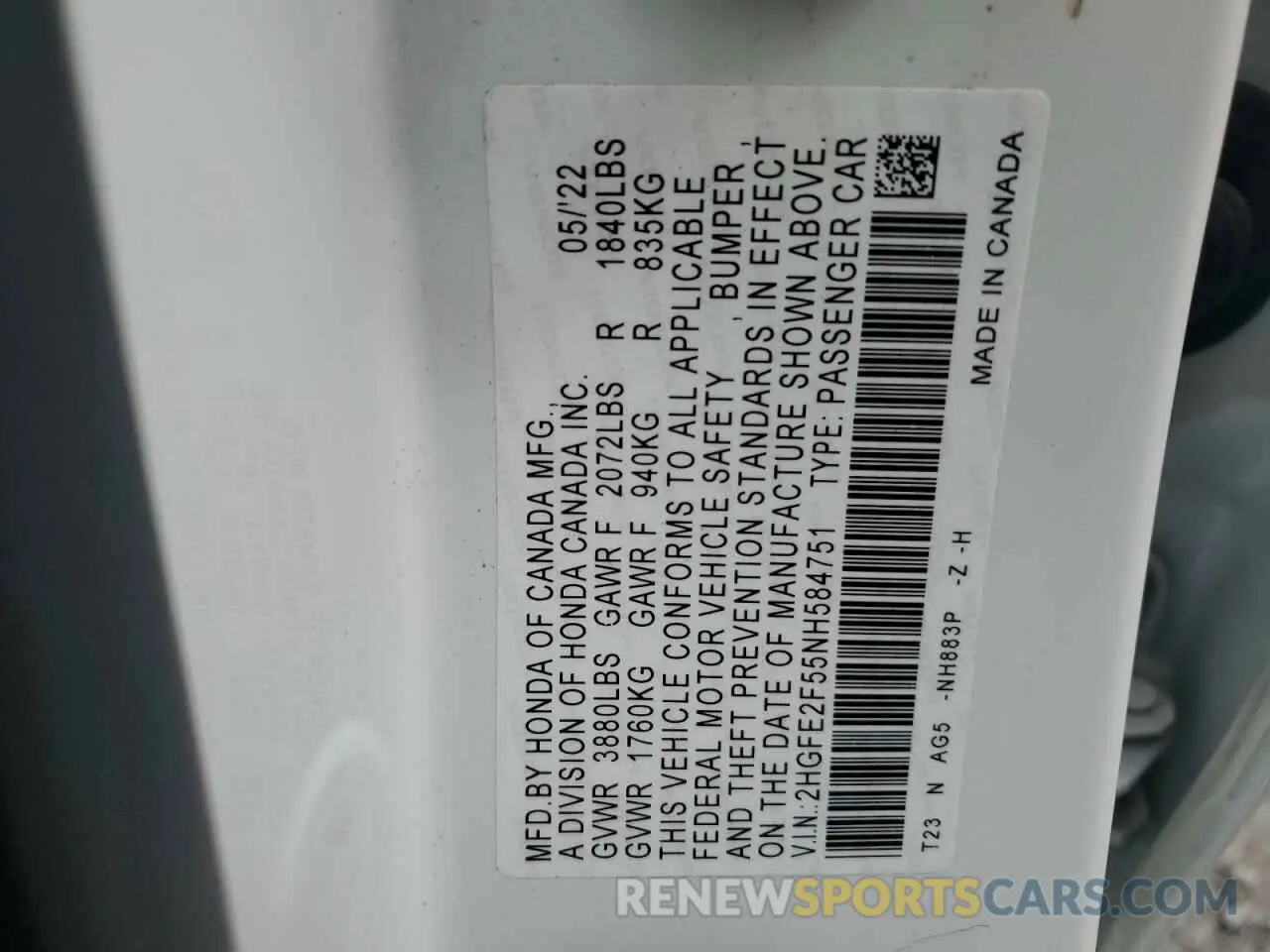 12 Photograph of a damaged car 2HGFE2F55NH584751 HONDA CIVIC 2022
