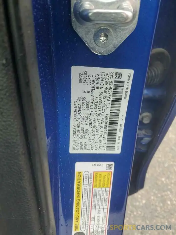 12 Photograph of a damaged car 2HGFE2F55NH603654 HONDA CIVIC 2022