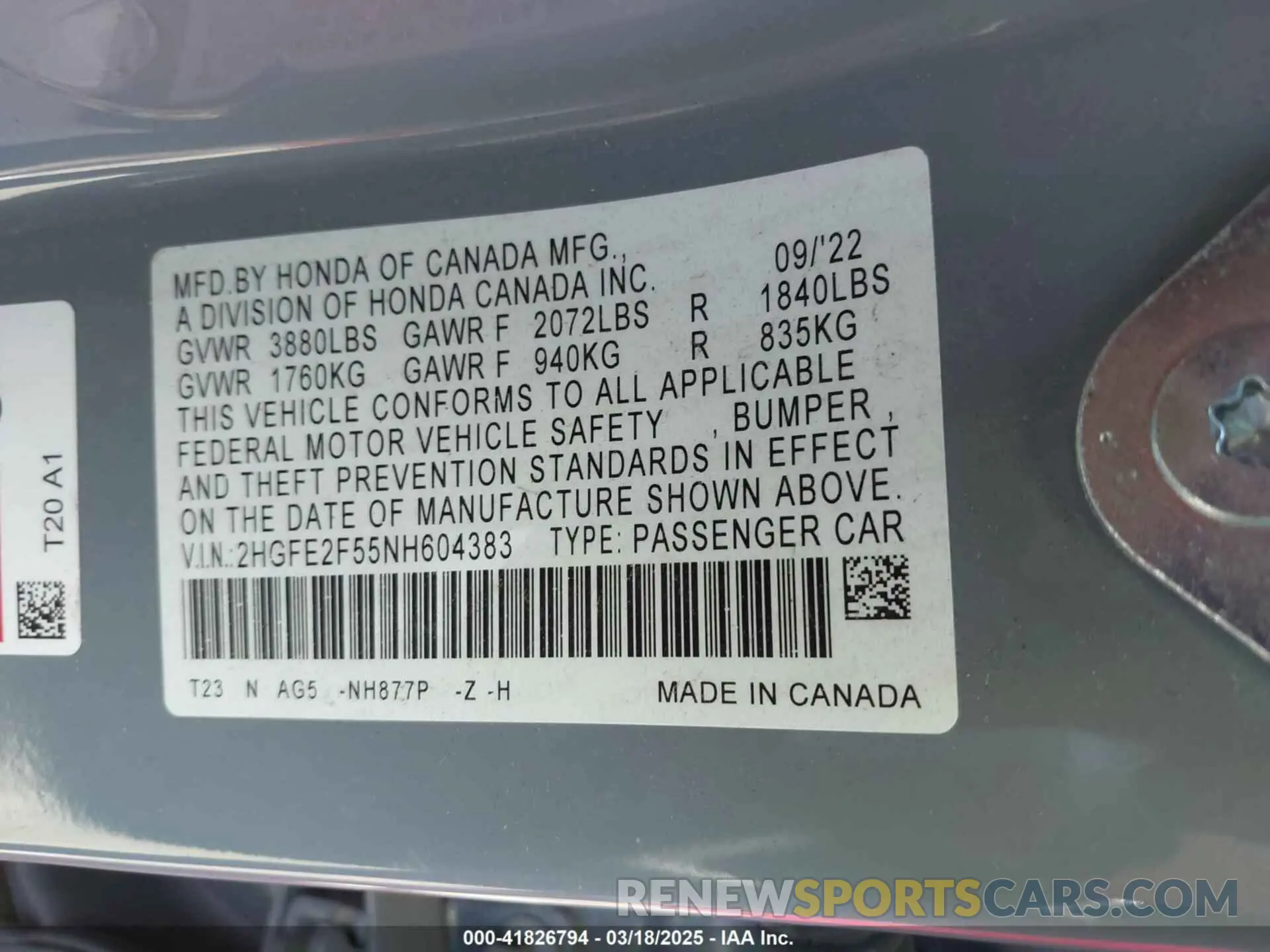 9 Photograph of a damaged car 2HGFE2F55NH604383 HONDA CIVIC 2022