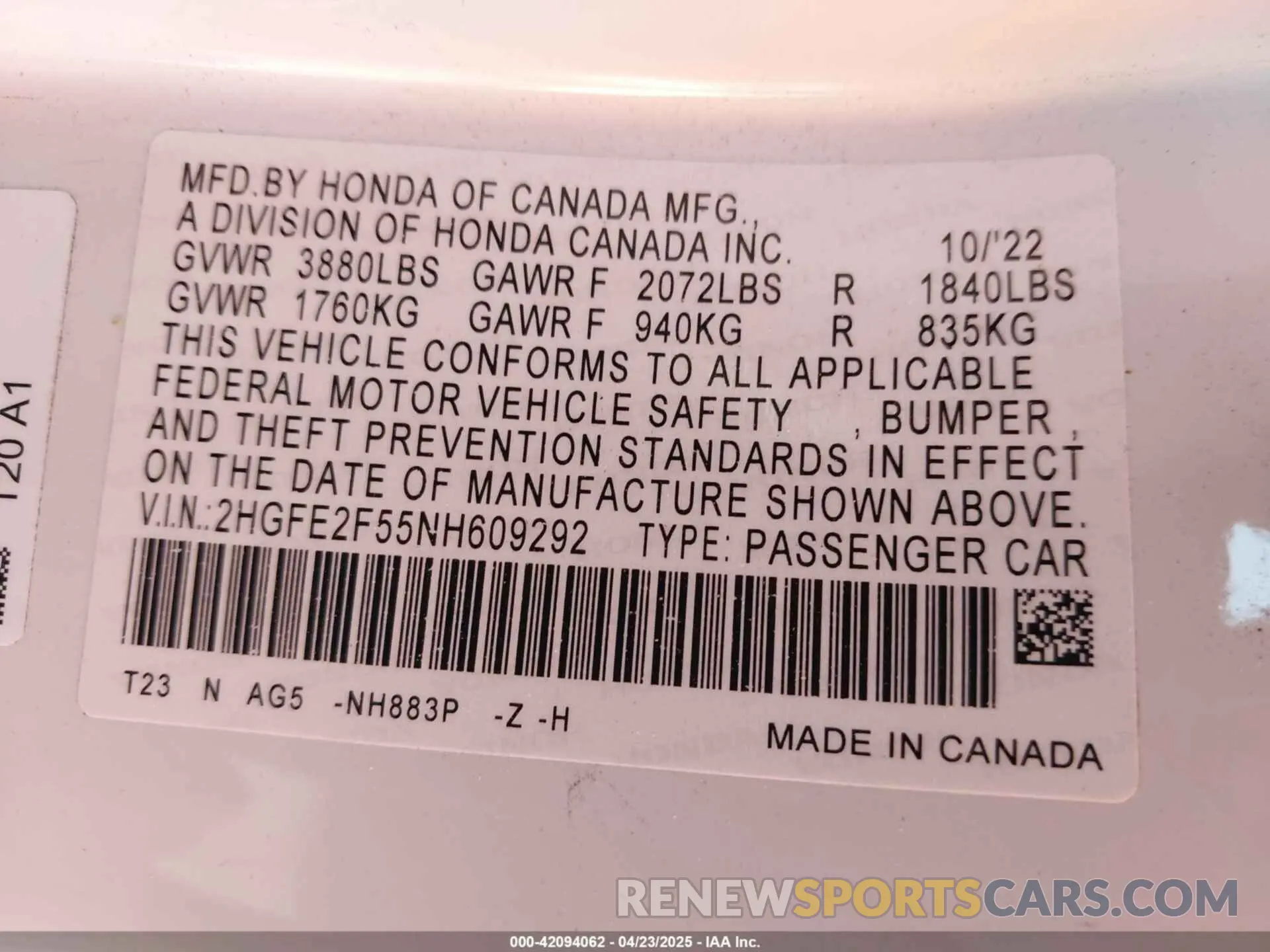 9 Photograph of a damaged car 2HGFE2F55NH609292 HONDA CIVIC 2022