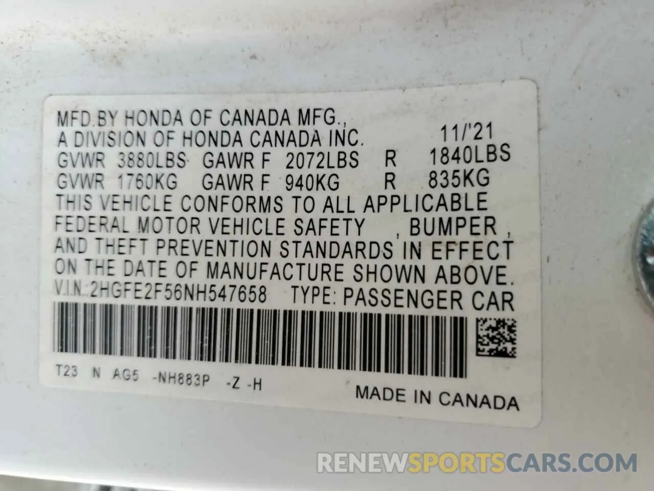 12 Photograph of a damaged car 2HGFE2F56NH547658 HONDA CIVIC 2022