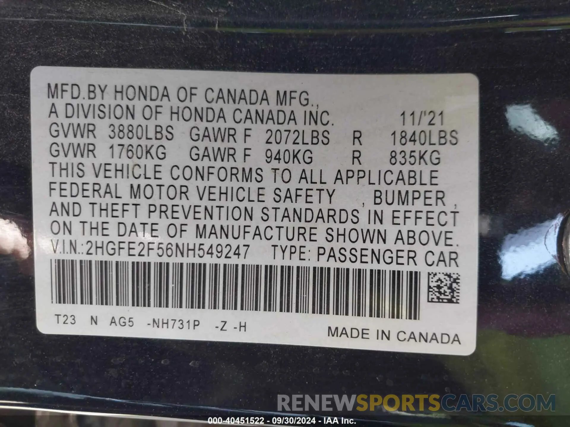 9 Photograph of a damaged car 2HGFE2F56NH549247 HONDA CIVIC 2022