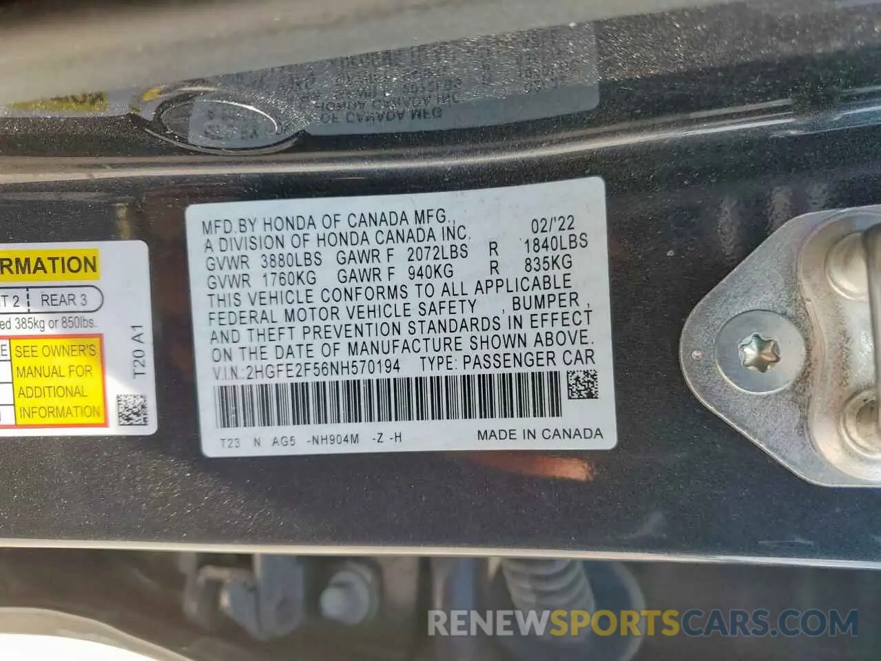 12 Photograph of a damaged car 2HGFE2F56NH570194 HONDA CIVIC 2022