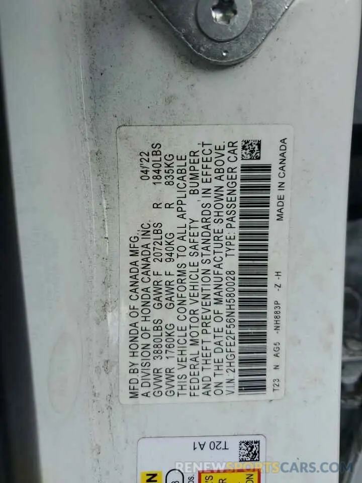 14 Photograph of a damaged car 2HGFE2F56NH580028 HONDA CIVIC 2022