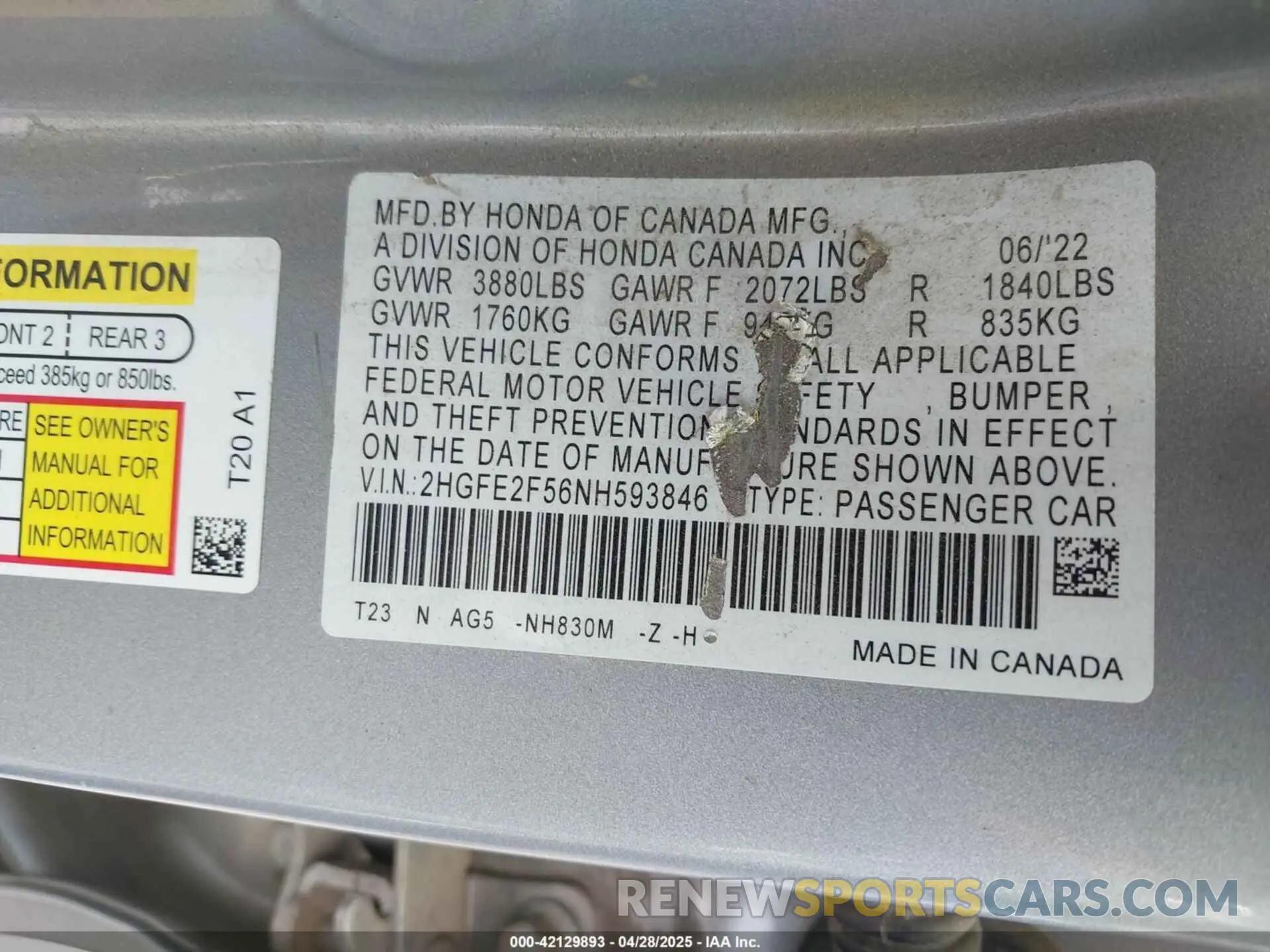 9 Photograph of a damaged car 2HGFE2F56NH593846 HONDA CIVIC 2022