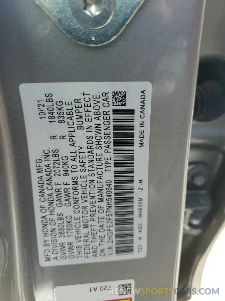 12 Photograph of a damaged car 2HGFE2F57NH540640 HONDA CIVIC 2022
