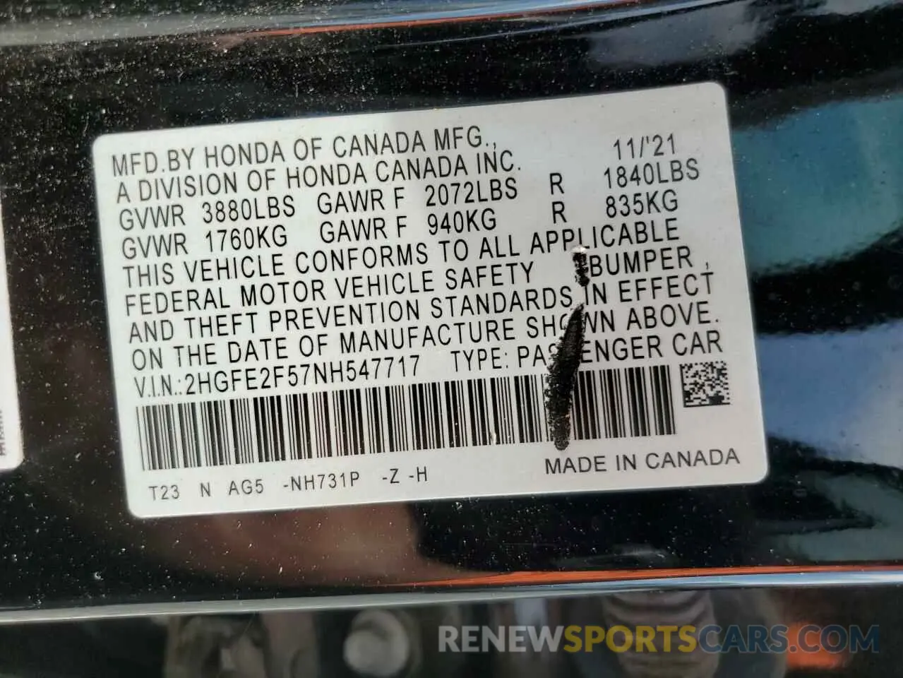 12 Photograph of a damaged car 2HGFE2F57NH547717 HONDA CIVIC 2022